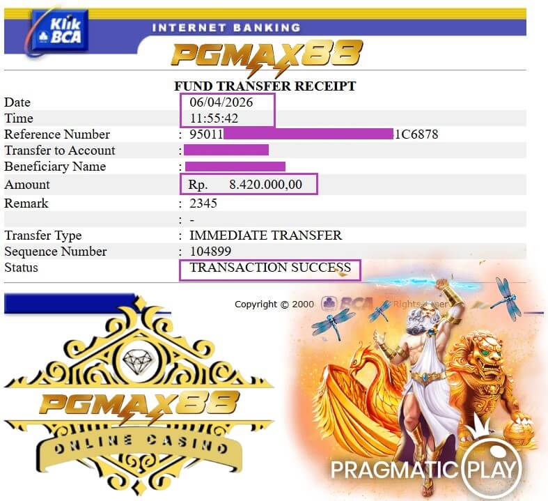 Bukti transfer kemenangan gue dari pairing atlet dan high roller