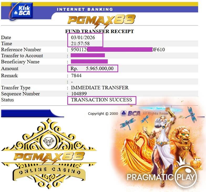 Bukti transfer bank dari kemenangan Live22 tengah malam