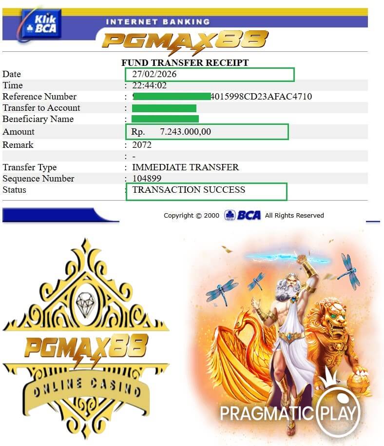 Bukti transfer bank dari kemenangan gaming malam ini