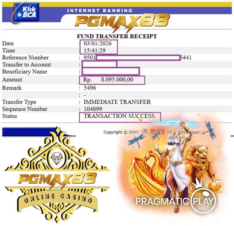 Bukti transfer bank dari kemenangan 918Kiss