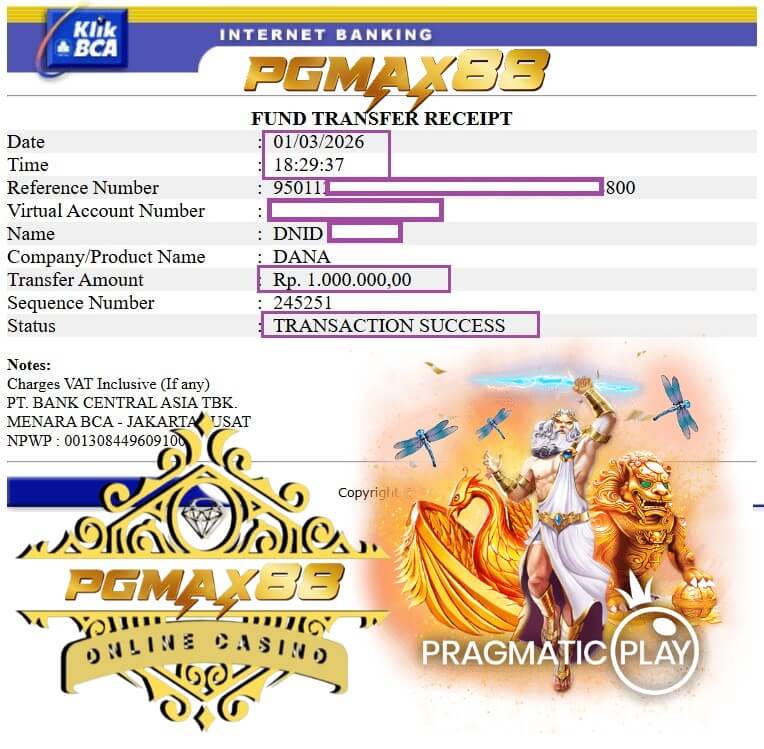 Slip transfer bukti kemenangan jackpot di Mega888