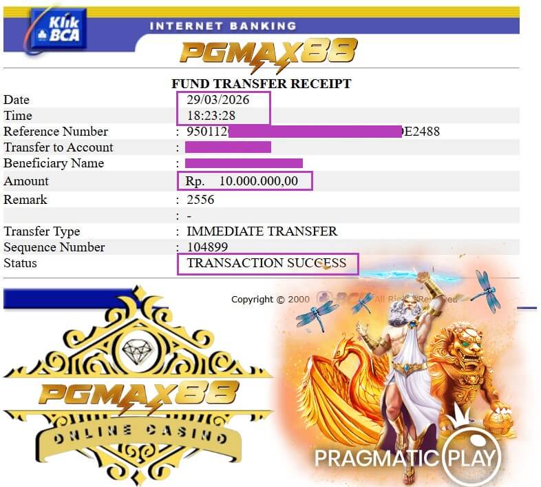 Slip transfer bank bukti pembayaran kemenangan dari sesi grind tengah malam