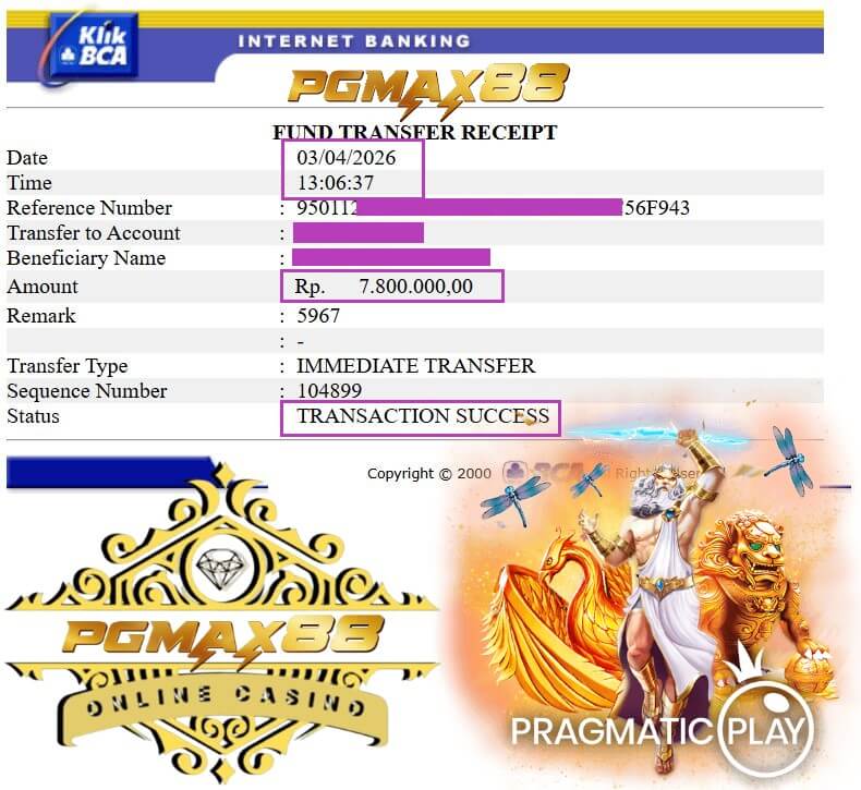 Bukti transfer bank dari kemenangan gue di meja permainan