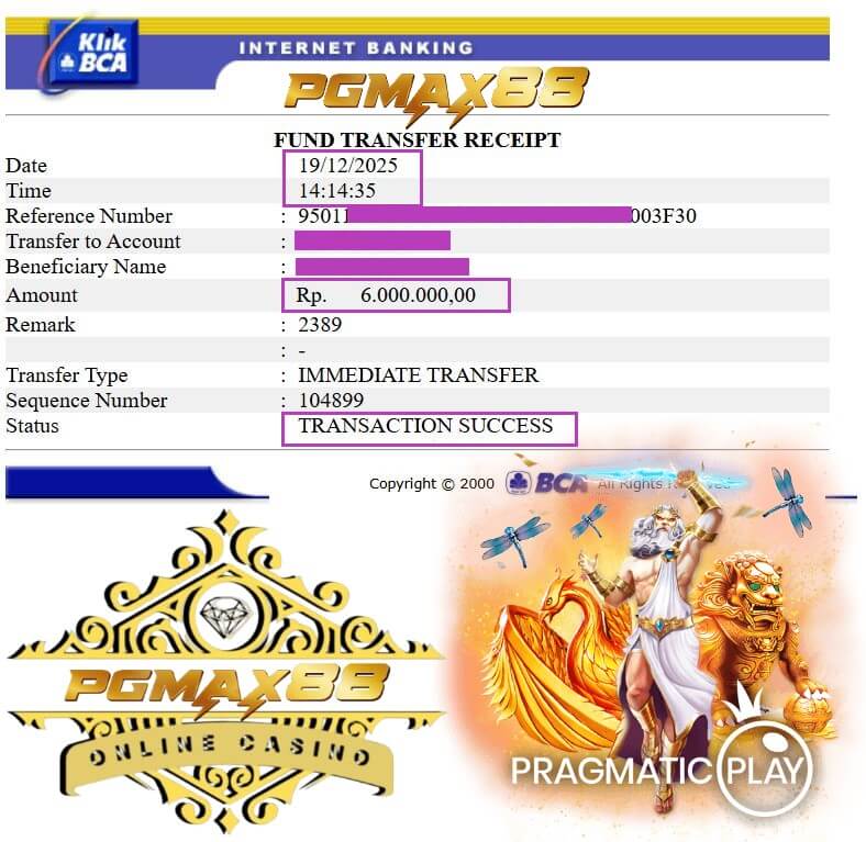Bukti transfer bank dari kemenangan Mega888