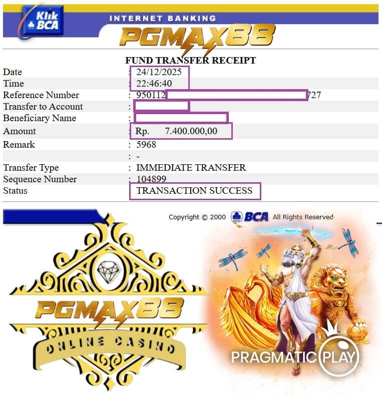 Bukti transfer jackpot dari Mega888