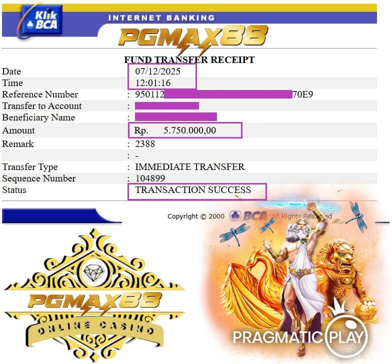 Bukti transfer hasil kemenangan Live22