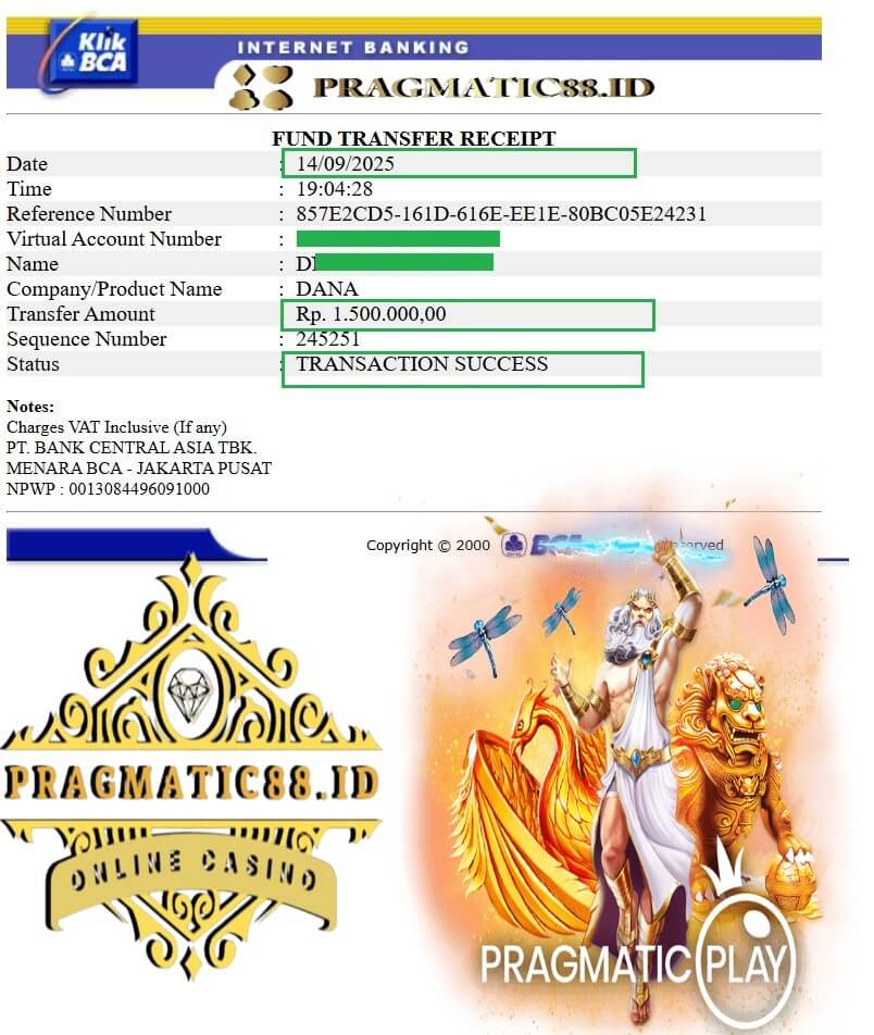 Bukti transfer bank dari kemenangan Live22