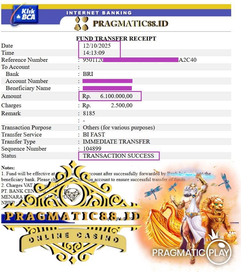 Bukti transfer jackpot ke rekening bank