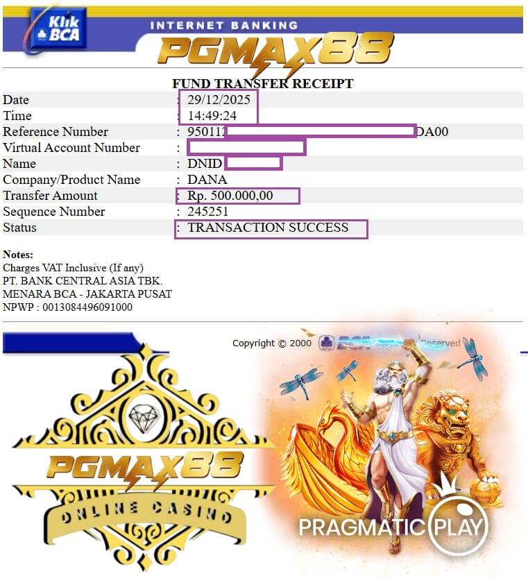 Bukti transfer kemenangan jackpot gw