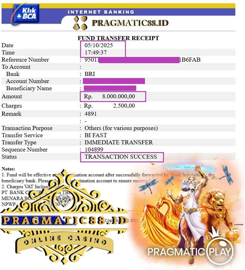 Bukti transfer kemenangan gaming