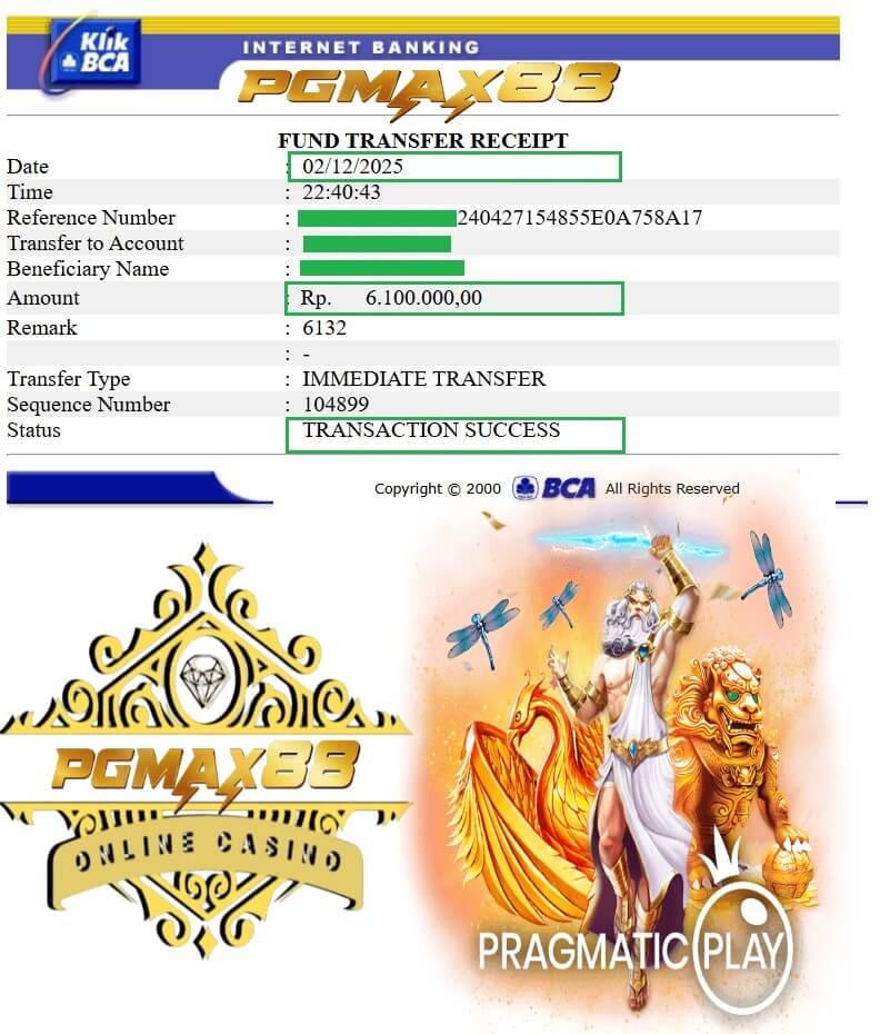 Slip transfer bukti kemenangan dari game 888