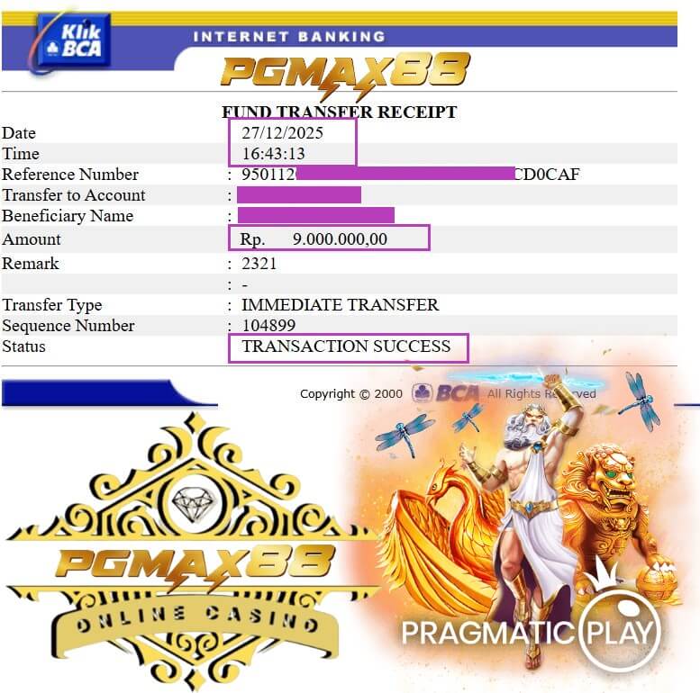 Bukti transfer jackpot dari game teka-teki kamar misteri