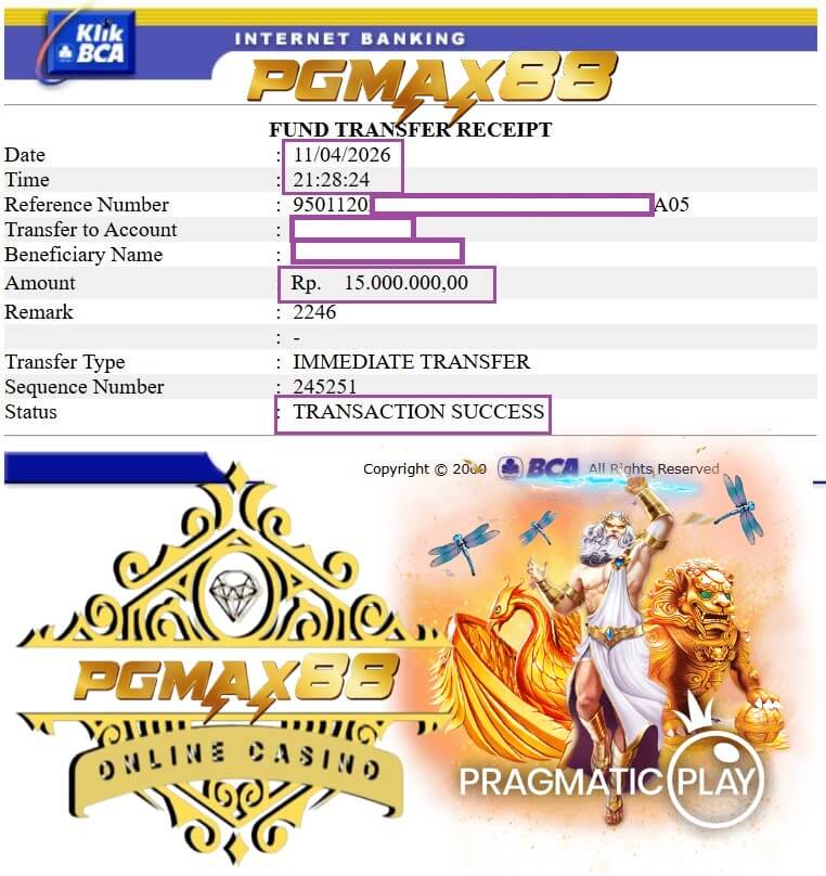 Bukti transfer jackpot dari Mega888