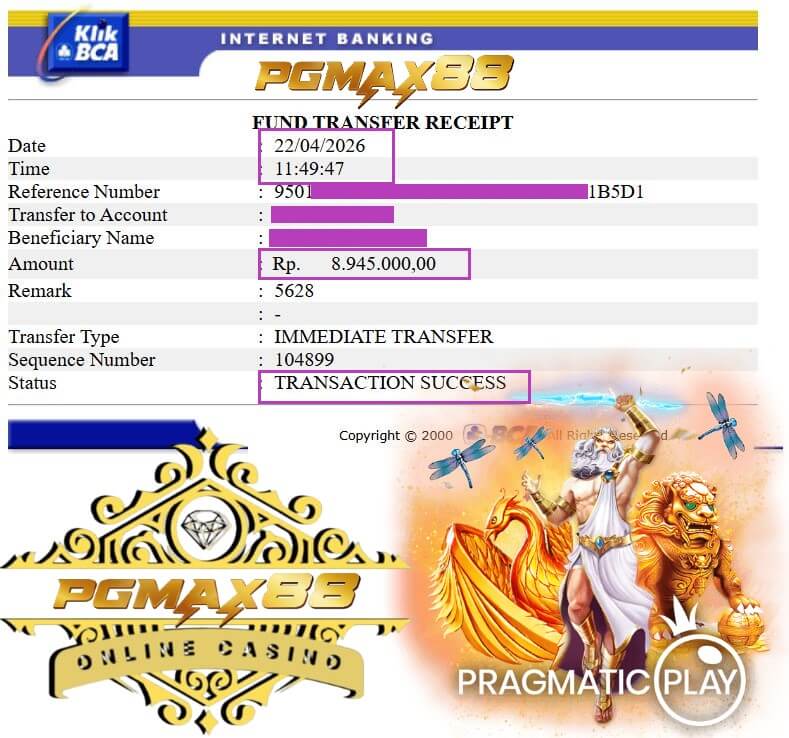 Bukti transfer bank dari kemenangan NTC33