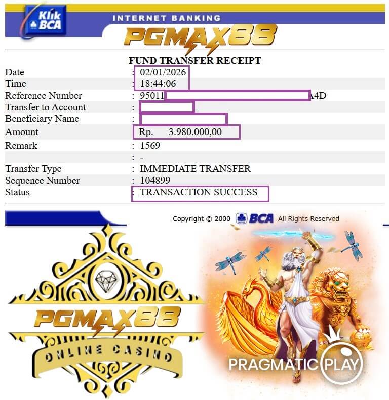 Bukti transfer jackpot dari game Teka-Teki Kamar Rahasia