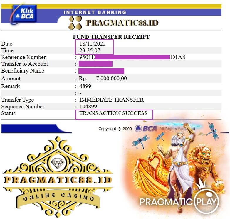 Bukti transfer jackpot dari Pussy888