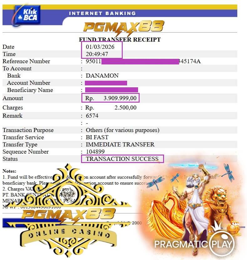 Bukti transfer bank dari kemenangan Ace333