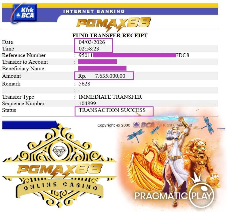 Bukti transfer bank dari kemenangan jackpot NTC33