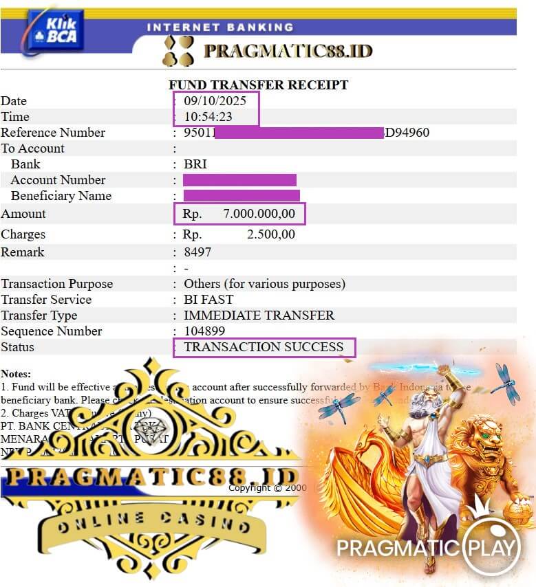 Bukti transfer jackpot tengah malam