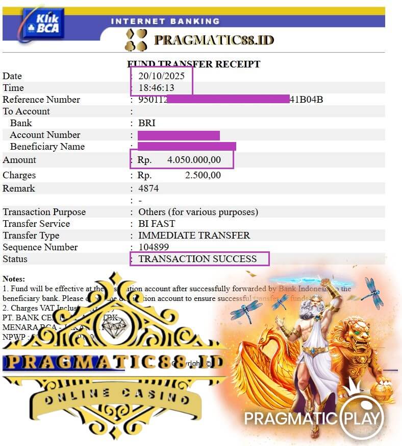 Bukti transfer kemenangan gue dari sesi high roller