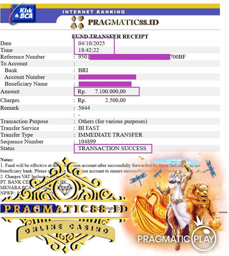 Bukti transfer kemenangan gila-gilaan