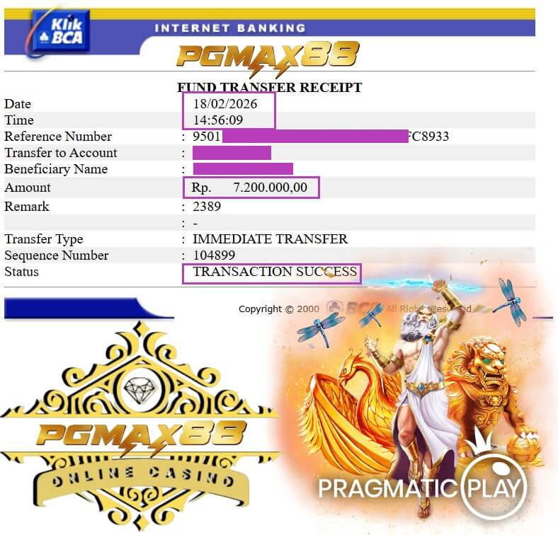 Bukti transfer bank dari kemenangan game