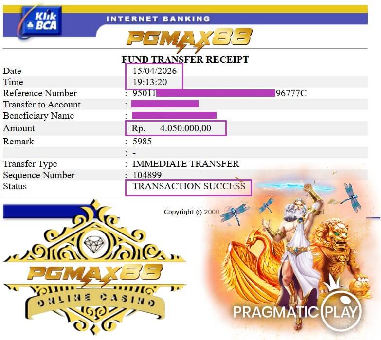 Bukti transfer bank dari kemenangan Live22