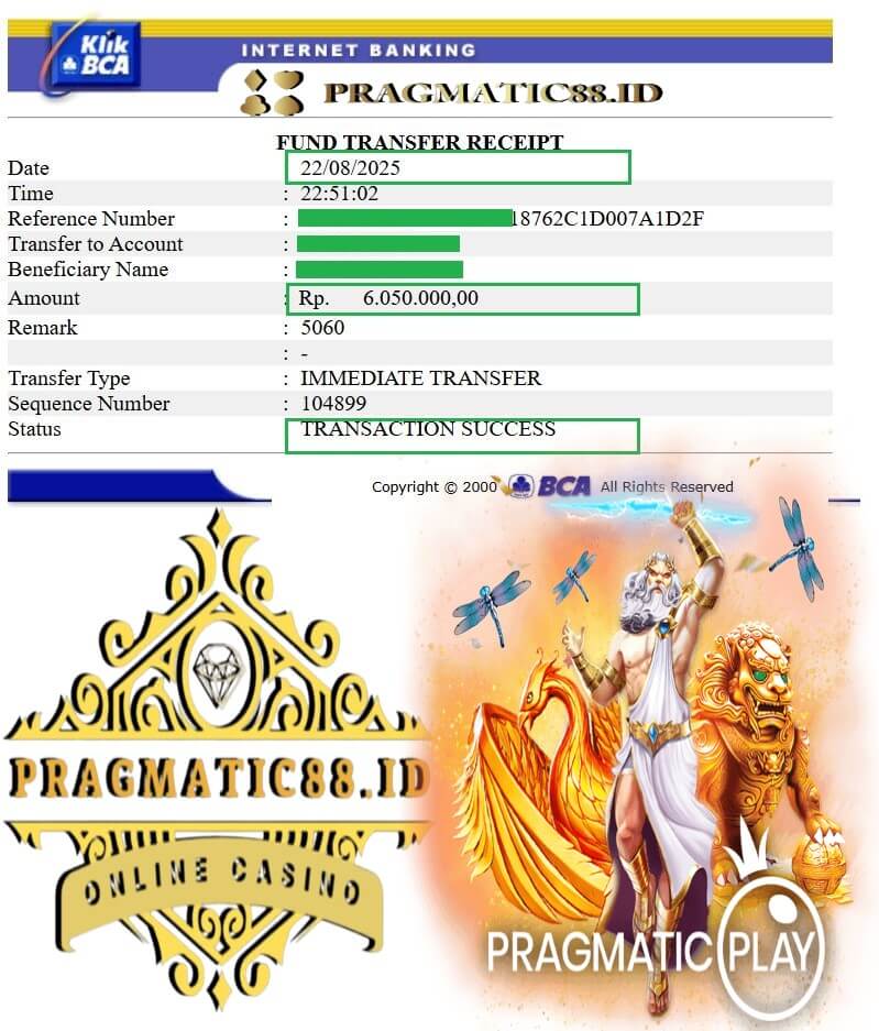 Bukti transfer bank dari kemenangan jackpot gue