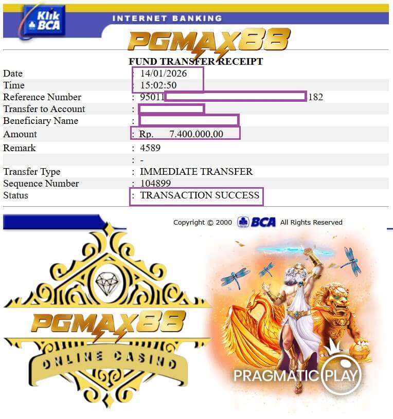 Slip transfer bukti kemenangan jackpot dari Mega888