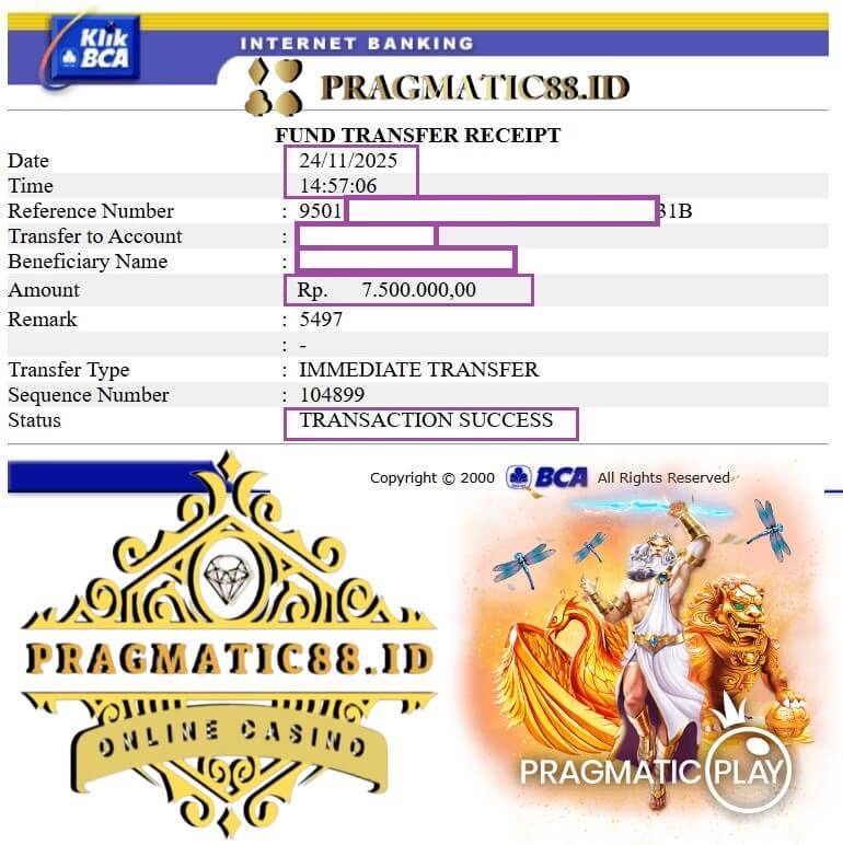 Bukti transfer bank kemenangan gaming