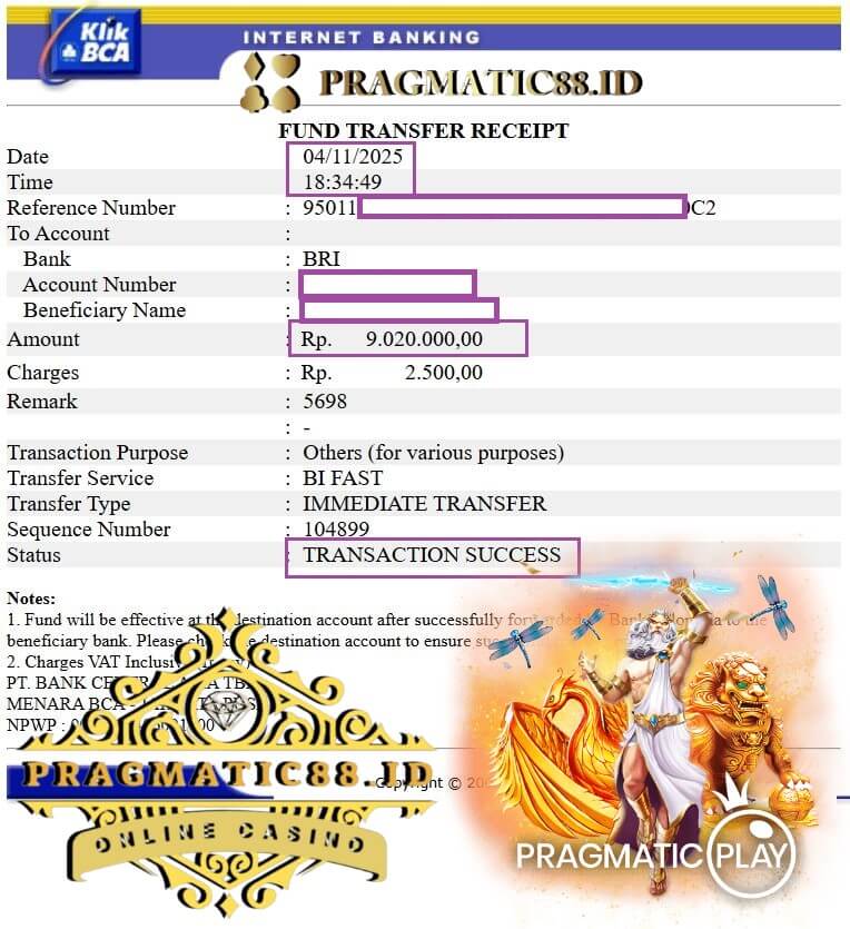 Slip transfer bank bukti kemenangan turnamen pro