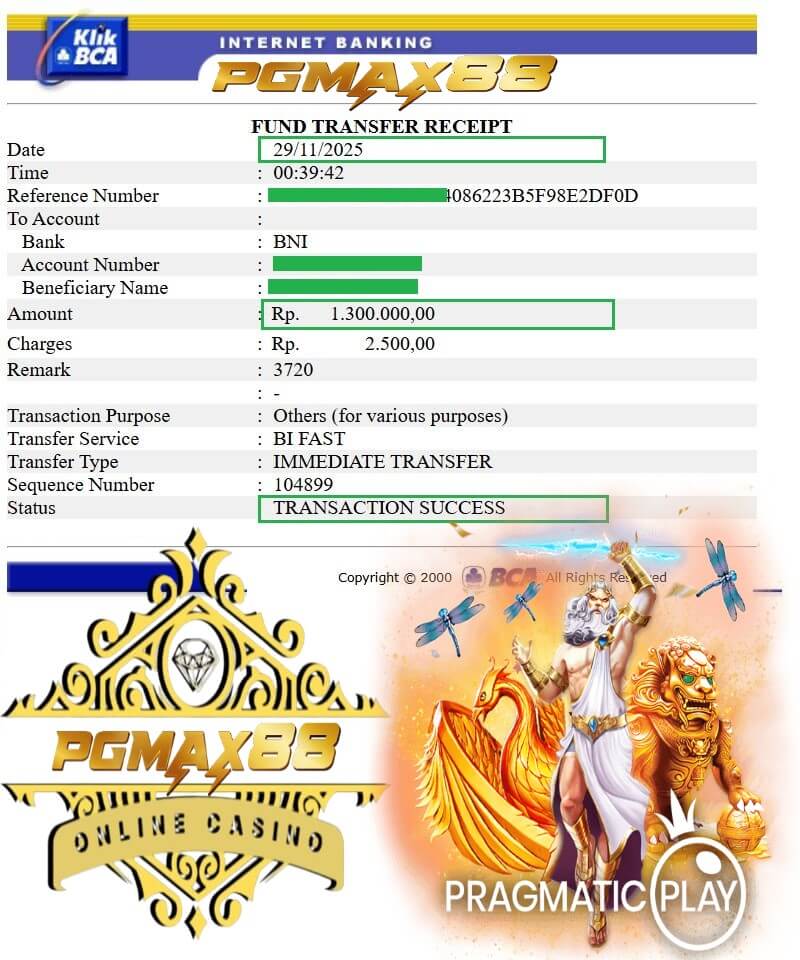 Bukti transfer duit dari kemenangan game