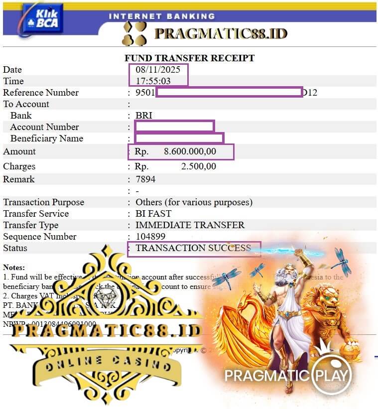 Bukti transfer jackpot ke rekening bank