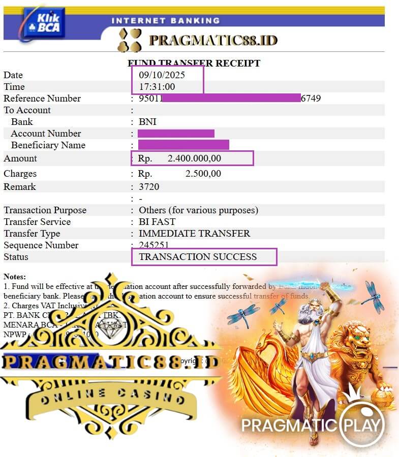 Bukti transfer bank dari kemenangan game malam ini