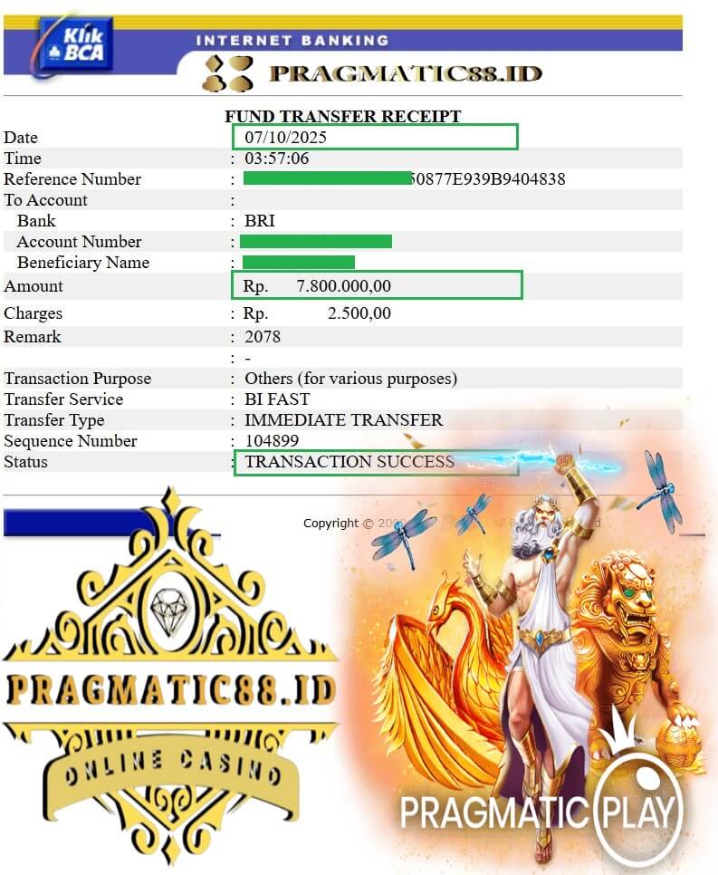 Bukti transfer kemenangan jackpot Pussy888