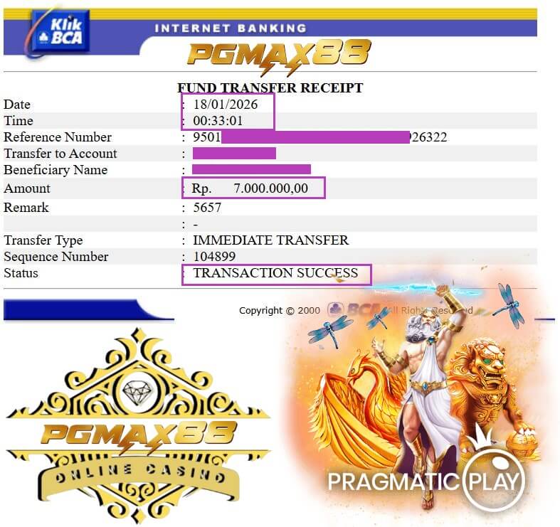 Bukti transfer bank dari kemenangan gila malam itu