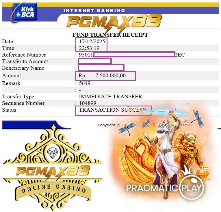 Bukti transfer jackpot dari rival