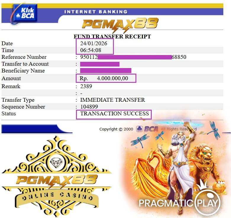 Bukti transfer jackpot Pussy888 masuk ke rekening bank