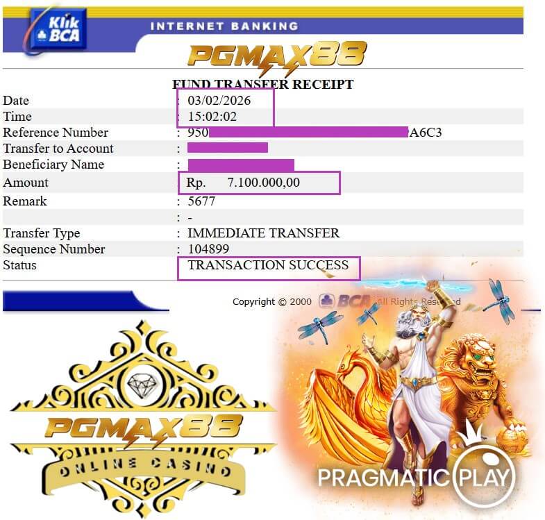 Bukti transfer jackpot Pussy888 ke rekening bank