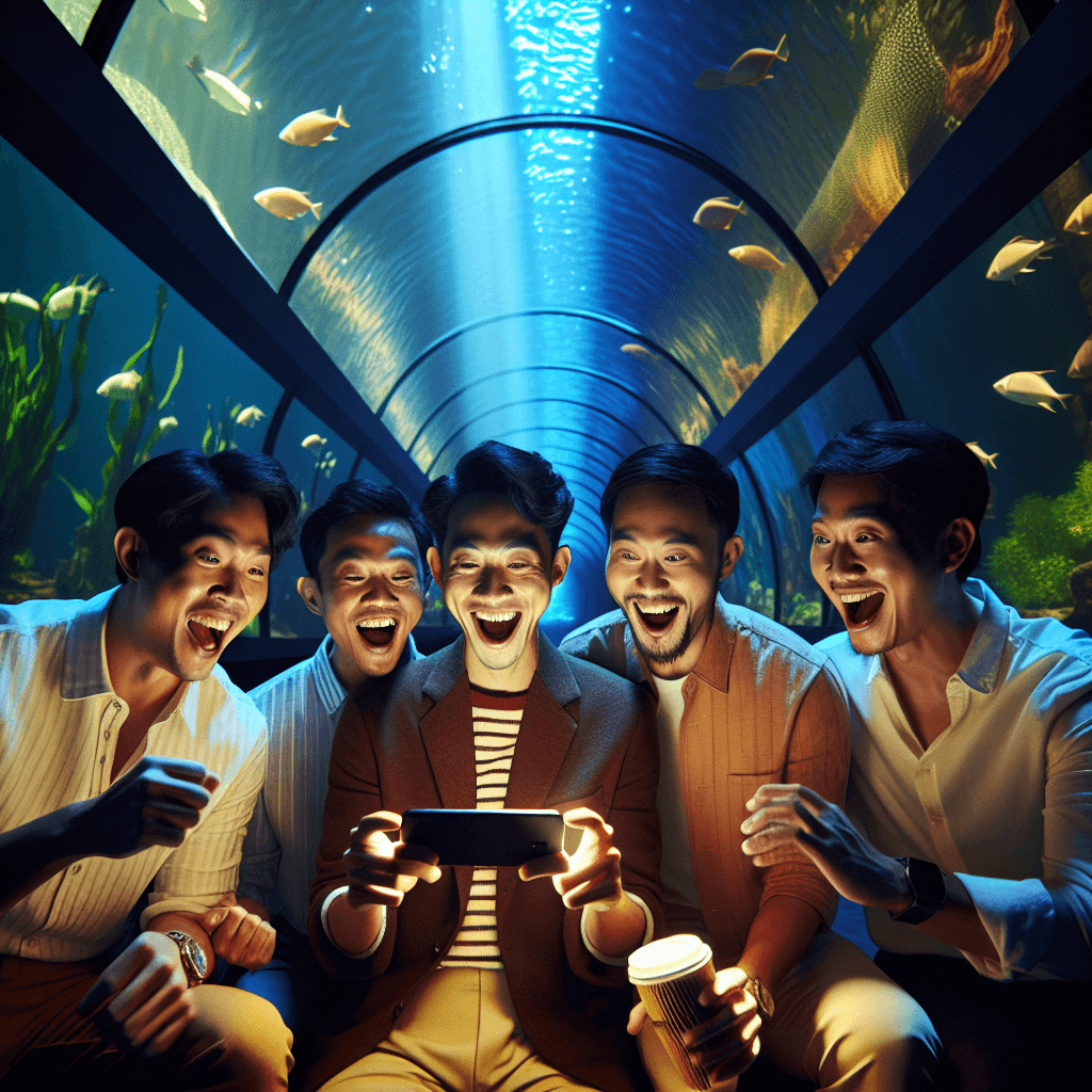 Suasana terowongan akuarium dengan cahaya proyeksi yang seram