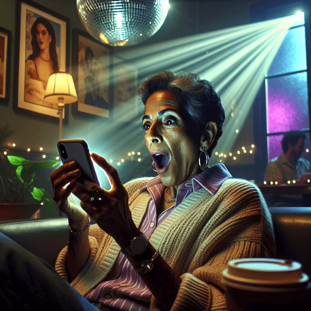 Suasana galeri seni dengan cahaya disco ball yang suspenseful